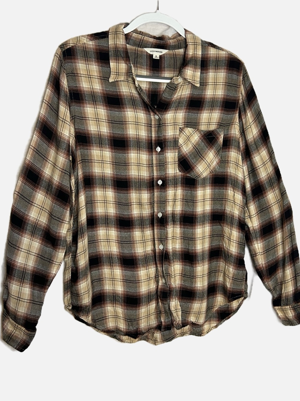 Lucky Brand Plaid Button Flannel Shirt Cream Black Brown Long Sleeve M